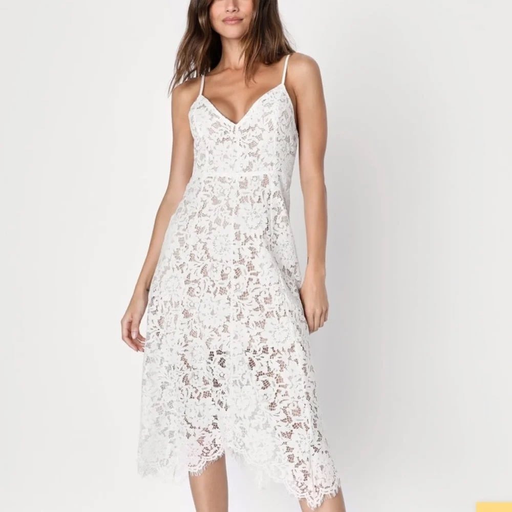 Lulus One Wish White Lace Midi Dress Womens S V-Neck Handkerchief Hem Wedding